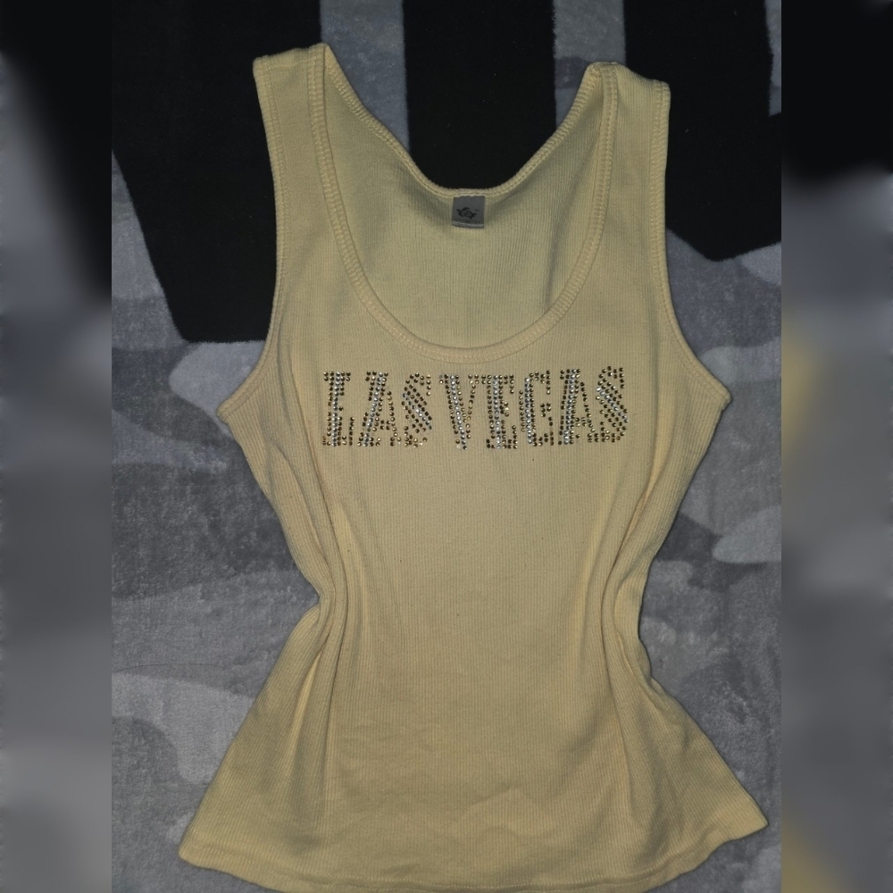 Y2K  Las Vegas Rhinestone Tank Top | Yellow Ribbed Knit Camisole |  Vegas Core